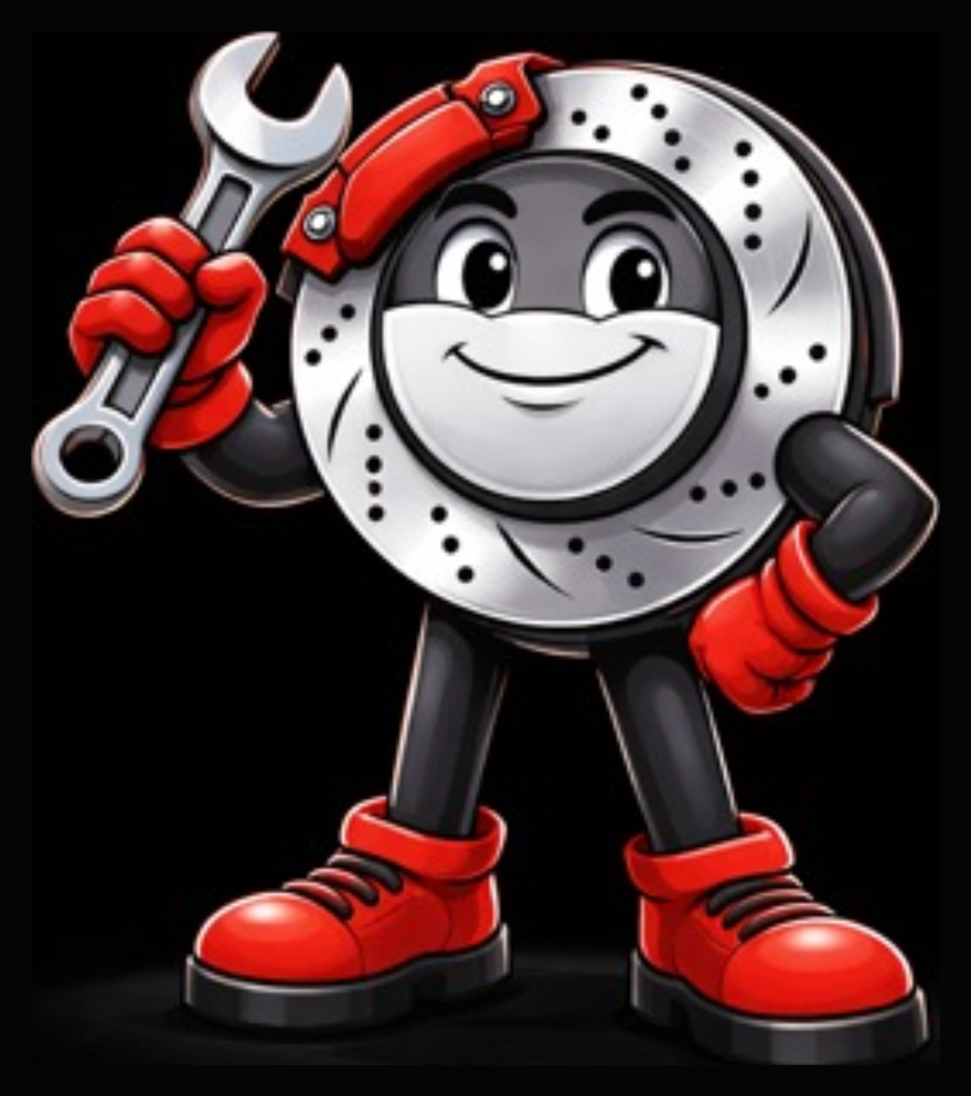SqueakStop brake rotor mascot holding a wrench